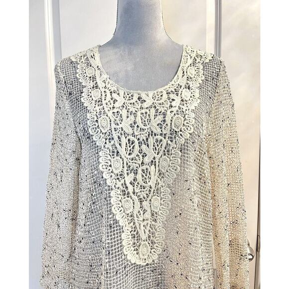 KRAZY KAT Open Knit Tunic Top Embroidered Asymmetrical Hem Boho Beachy Cover Up - Picture 2 of 8